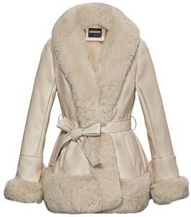 GRAN ORIENTE Damen Kunstlederjacke mit Kunstfellkragen, Winterjacke mit langen Ärmeln, Schößchen, mit Gürtel