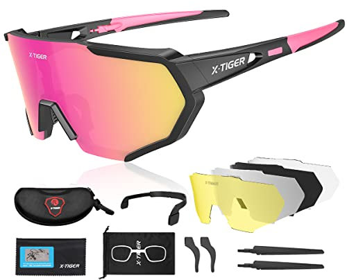 X-TIGER Fahrradbrille, Herren Damen Sportbrille, UV400 mit 5 Wechselgläser,Starker TR90 Frame, mit Montierbarem Brillenband & Ohrhaken, Outdoor-Sport/Radfahren/Laufen/Autofahren/Angeln/Golf