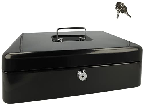 Westcott Geldkassette abschließbar (groß, 30 cm) Schwarz | Abschließbare Box aus Stahlblech mit 2 Schlüsseln | Herausnehmbare Einlage für Münzen mit 5 Fächern | E-51002 BLACK