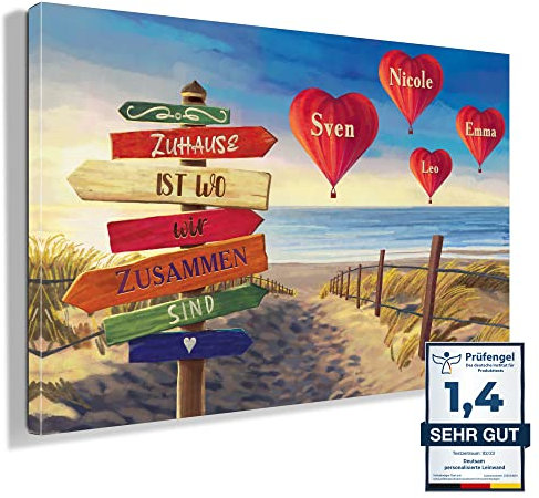 Individuelle Leinwand Familien Wegweiser Familie mit eigenen Namen Geschenk Muttertag Vatertag Leinwandbild bis 8 Personen (40x30cm)