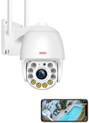 (PTZ & Auto Tracking) Tonton 3MP Outdoor WiFi Security Camera with Color Night Vision, Motion Detection, Siren, 2-way Audio, SD Card Slot, Works with NVR