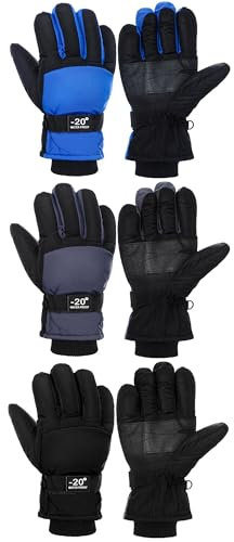Geyoga 3 Paar Kinder Ski Handschuhe wasserdichte Isolierte Schneehandschuhe für Jungen Mädchen (Blau, Grau, Schwarz, 6-10 Jahre)