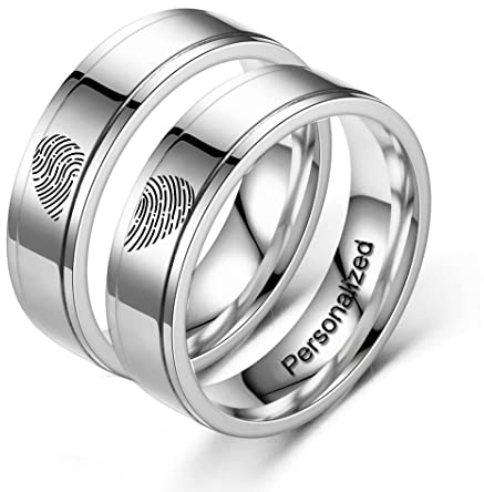 Ihanskio Personalisierte Passende Versprechen Paar Ringe Herz Fingerabdruck Gravur Matte Titan Stahl Trauringe Breite 8mm Liebe Verlobungsbänder für Frauen Männer (Silver-8mm/6mm)