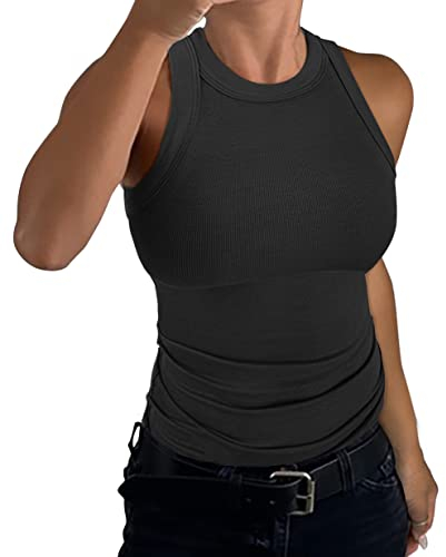 Smile Fish Damen ärmellos Racerback High Neck Tank Top Casual Basic Fitted Weste,Schwarz,L