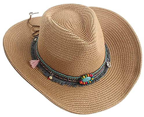 Unisex Cowboy Straw Hat Vintage Cowgirl Hat Classic Western Style Wide Brim Fedora Bucket Visor Cap Summer Beach Outdoor Sun Headwear with Decorative Hatband Khaki