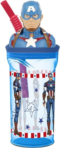 STOR Tataway in viaggio si cresce Marvel Avengers Captain America 360 ml Verre bleu pour enfant en plastique avec paille et figure 3D du personnage