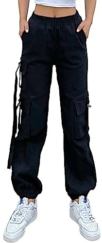 Nuofengkudu Donna Harem Cargo Pantaloni alla Caviglia Elasticizzati 5 Tasconi Elastico Vita Alta Lavoro Pantalone Polsino Tasche Laterali Jogging Pants Sportivi Vintage Y2K Classici Casual Nero L