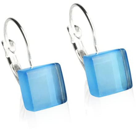 ALEXASCHA® Edelstahlohrringe hängend mit quadratischen Glassteinen • Kurze Ohrhänger mit Klappverschluss • 2cm lang • Steingröße 10 mm x 10 mm x 3 mm (Aquablau)