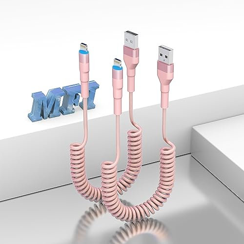 Coiled Lightning Cable Carplay[Mfi Certified] 2 Pack,Apple CarPlay Cable with Data Sync LED,Short Retractable iPhone Charger Cord for Car,Pink