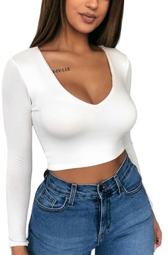 SamHeng Long Sleeve Crop Tops for Women Stretchy T-Shirt Ladies Short Plain Scoop Neck Top Sexy Slim Fit Casual Wear White-M