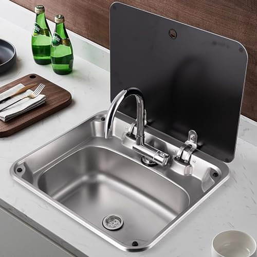 Fregadero Camper, Fregadero con Grifo de Agua Fría y Caliente, Fregadero de Lavabo de Acero Inoxidable con Tapa de Vidrio Templado