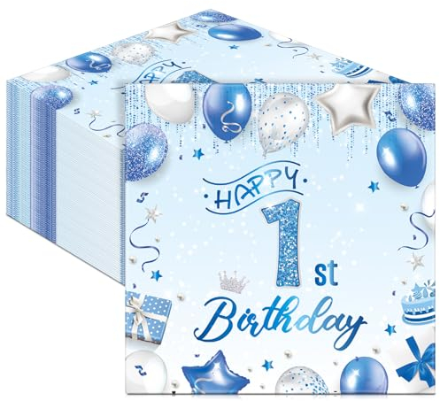 Tenare 50 Stück Blaue Servietten zum 1. Geburtstag 13 x 13 Zoll Geburtstagsservietten Happy 1St Birthday Papierservietten Einwegservietten Party Servietten für Kinder Baby Geburtstagsdeko Tischdeko