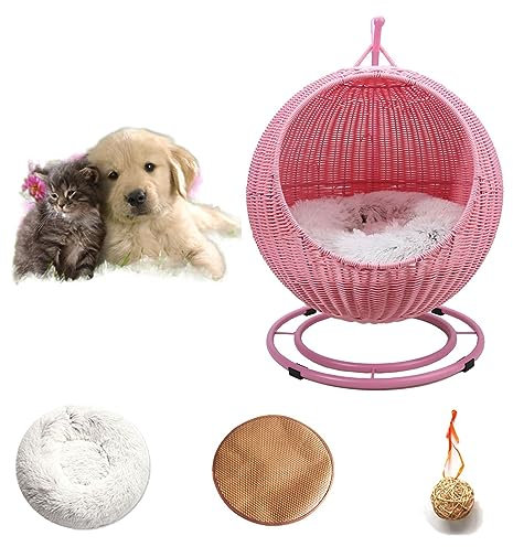 QLXYYFC Cat Cave Bed -Wicker Cat House,Cat Swing Bed Wicker Kitten Basket Pet Den, Cat Tent Bed House with Removable Washable Cushion (Color : Roze, Size : 43cm X 66cm)