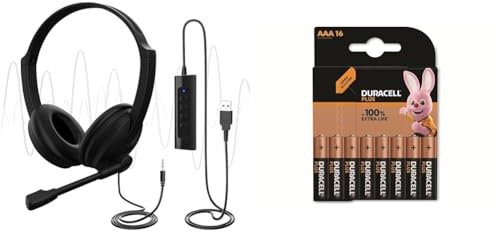 USB Headset with Microphone for PC Laptop, Adjustable Noise Cancelling Business Office Headsets, 2.5M Length Headphones with In-Line Control & Duracell Plus AAA 1.5V Battery (Pack of 16)