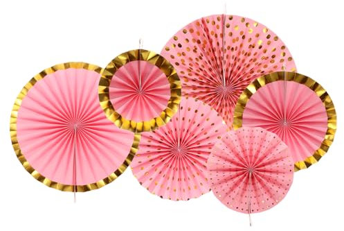 sourcing map Hanging Paper Fans Set Round Pattern Paper Garlands Decoration for Party Birthday Graduation Christmas Holiday Wedding Decoration Pink Gold(6pcs)