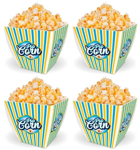Tradineur - Pack de 4 Boles de Palomitas Cuadrados - Plástico Resistente - Recipiente Reutilizable - Cine en Casa - 14 x 16 x 16 cm - Amarillo y Azul