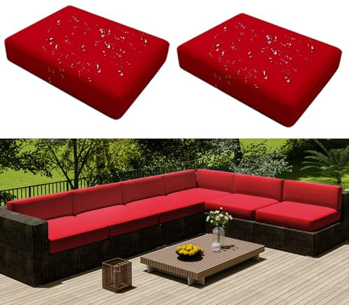 Hiseng Outdoor Sofa Sitzkissenbezug 2er Set Wasserdicht mit Reißverschluss, Terrassenstuhl Sofakissen Bezug Abnehmbar, Wetterfest Sofabezug für Garten Möbel aus Rattan (60x55x10cm,Rot)