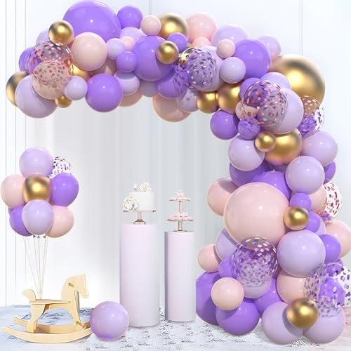 Arco de Globos de Cumpleaños Morado Rosa, 110pcs Kit Guirnalda Globos Morado Rosa Pastel con Globo Lila Rosa Macarrón Oro, Decoración Fiesta Cumpleaños Niña para Baby Shower Boda Bautizo Comunion