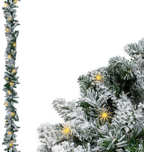LED Tannengirlande mit Schnee und Glitzer warm weiß beleuchtet - 183 cm mit 35 LED - Weihnachtsgirlande Batterie betrieben mit Timer - Deko Beleuchtung Kunst Tanne Girlande für Weihnachten Advent