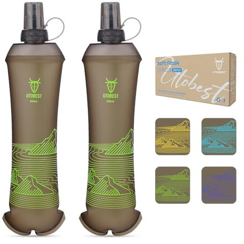 UTOBEST Soft Water Bottle 500ml - 2 Pack Collapsible Soft Flask - Leakproof, Foldable, Food-Grade TPU, BPA Free, Easy to Clean, Handheld Running Water Bottle for Hiking Cycling Climbing Marathon