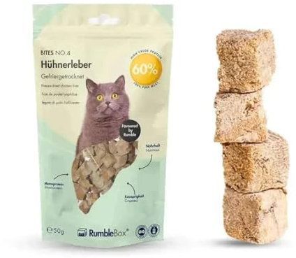 RumbleBox 100 % Hühnerleber Gefriergetrocknet – Monoprotein Katzensnack ohne Getreide & Zucker, Appetitanreger für Allergiker & wählerische Katzen (50 g)