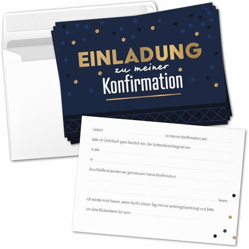 8 Einladungskarten Einladung Konfirmation mit Umschlag zum selber ausfüllen - Kirche Konfi Einladungen Postkarten Umschläge Modern Blau Gold Look