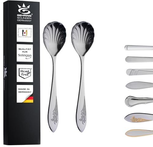 Gehring Solingen Flower Zuckerlöffel 2er Set I Muschellöffel I Edelstahl 18/10 I Kaffeelöffel I spülmaschinengeeignet I Made in Germany