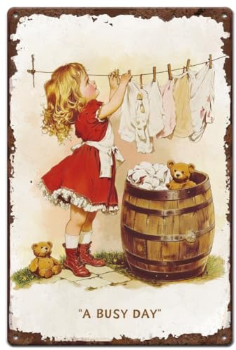 SUPERDANT Clothes Drying Girl Tin Signs Vintage Metal Poster Iron Retro Wall Decor Fun Signs for Children's Room Living Room Bedroom Kitchen Bars Cafe Home Wall Art Gifts 20x30CM