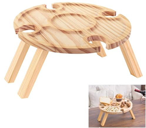Table à vin Portable, Table à vin Ronde en Bois, Folding Picnic Wine Glass Holder, 29,3x14,5 cm avec Porte Verre à vin, Pliable, pour Le Fromage et Les Fruits