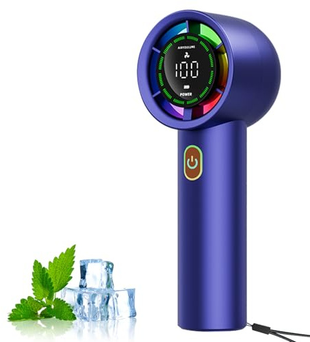 wokdsbl Mini ventilateur portatif rechargeable 3000 mAh Bleu | Ventilateur portable silencieux Turbo avec 6 vitesses 100 réglages écran LCD couleur lumière pour voyage intérieur extérieur