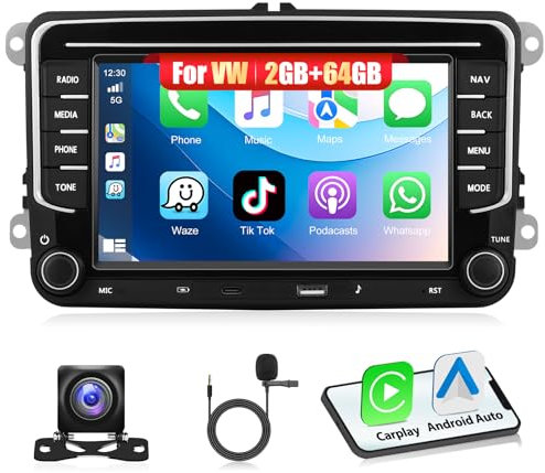 Autoradio 2+64G Motorsi per VW Seat Passat Golf 5 6 Polo Skoda con Carplay Android Auto,Radio Stereo Android 15 da 7'' con GPS/WiFi/Bluetooth/EQ/FM/RDS/Type-C,Telecamera di Retromarcia AHD e Microfono