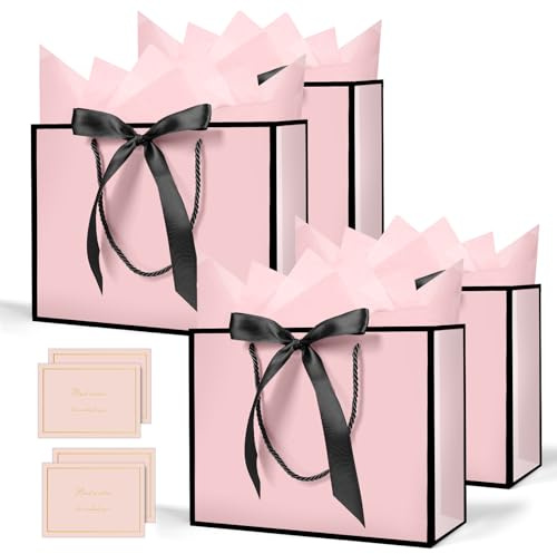 AMFUN Lot de 4 Pochettes Cadeaux avec Anse, Sacs Cadeaux en Papier Avec Ruban d'Arc, Pochettes en Papier avec Anse, Emballage Cadeau pour Noël, les Anniversaires, Mariages, Fête(Rose Bord Noir)