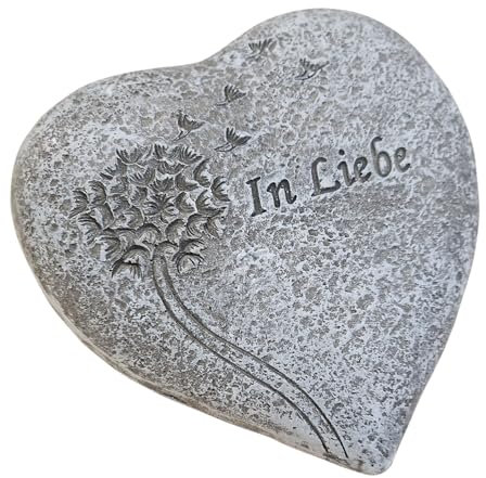 Logbuch-Verlag Grabherz „In Liebe“ mit Pusteblume grau 9x9x5 cm aus Polyresin – kleine Grabdeko für Gedenken und Erinnerung