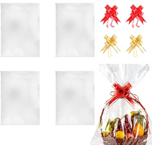 OUDQFCJ Set di 4 pezzi sacchetti regalo in cellophane, sacchetti trasparenti grandi per confezioni, carta trasparente per regali, con fiocchi per cesti, bricolage, fiori (75 x 100 cm) (Trasparente)