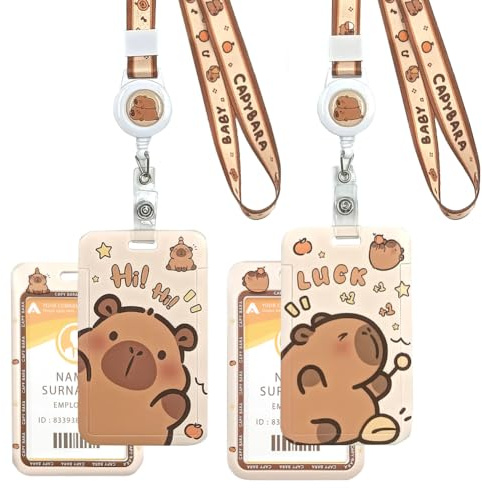 2 PCS Capybara Porte Badge, Capybara Cordon Tour de Cou avec Porte-cartes, Capybara Lanyard Strap Neck avec Swivel Lobster Clasp avec Poche Zippée pour Carte d'identité (HI+Luck)