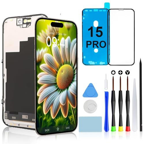 for iPhone 15 Pro Screen Replacement, 6.1 FHD LCD Touch Display Assembly | COF Touch Screen Digitizer Assembly with Repair Tools, Waterproof Adhesive Seal, Tempered Glass Protector & Installation Kit