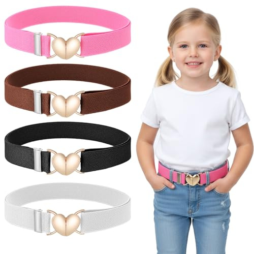 LXUEJIE 4 Stück Gürtel Mädchen, Elastische Kinder Gürtel mit | Herz Schnalle für Jeans & Kleider, 90 cm x 2,5 cm Einstellbar für Taillenumfang 50-70cm (Schwarz, Braun, Weiß, Rosa)