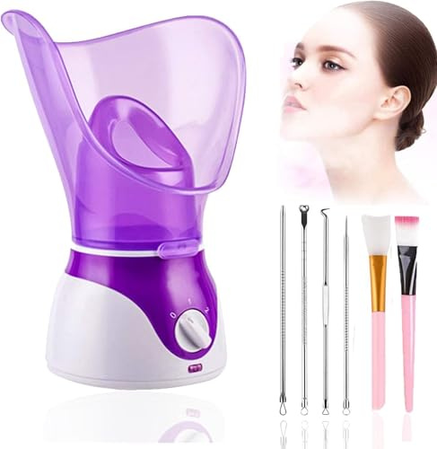 Facial Steamer Nano Ionic Face Steamer, AILHOMEWELL® Face Steamer Warm Mist Humidifier Atomizer for Face Sauna Spa Sinuses Moisturizing & 6 Skin Kit (Purple Facial Steamer with 6pcs Skin Care kit)