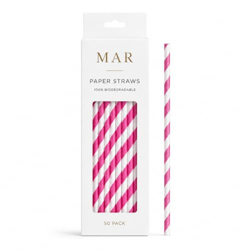 Colourful Paper Straws, Solid Stripes, 50 Pack, for Parties, Garden Parties, Summer BBQs, Birthdays | 100% Biodegradable (Cerise Pink)