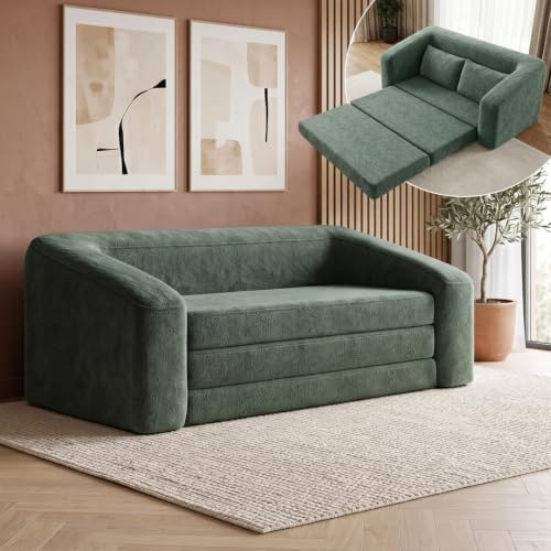 skølm Fjäll Schlafcouch 2-Sitzer 140x210 cm, Teddy-Bouclé, Dunkelgrün | Schlafsofa ausklappbar mit 2 Kissen, Klappsofa mit Schlaffunktion als Gästebett, vakuumverpackt, ohne Aufbau, Wohnzimmer