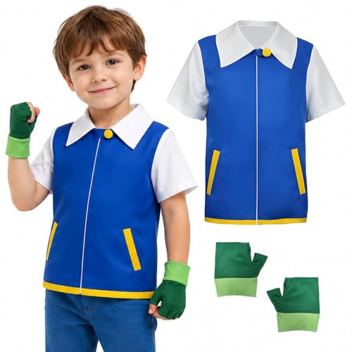 Yunlaishaocer Costume de Cosplay d'Anime, Veste Bleue Ensemble de Gants Costume d'anime Classique, Costume de Cosplay Homme et Femme, pour Halloween et Carnaval, Spectacles Sur Scène (Enfants, 140)