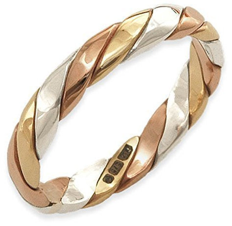 9ct Yellow, White, Rose Gold Tri Colour Twisted Stacker Band Ring