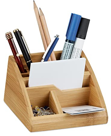 Relaxdays Schreibtisch Organizer Bambus, Stiftehalter Holz, Stiftebox Schreibtisch, Büro, HxBxT: 9 x 13 x 16 cm, natur