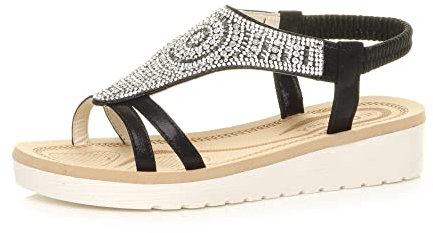 Ajvani Womens Ladies Low Wedge Heel Flatform Diamante t-bar Slingback Sandals - Black - 5 UK
