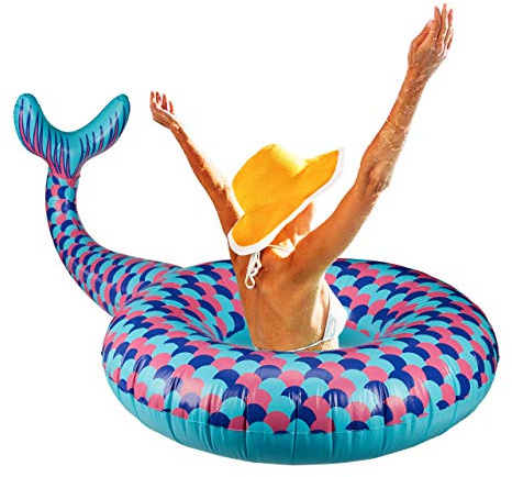 Relaxdays Schwimmring Meerjungfrau, XL Badespaß für Pool & Strand, aufblasbare Pool Meerjungfrau mit Schwanzflosse, blau