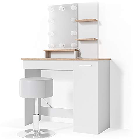 Vicco Schminktisch Julia, Weiß/Sonoma/Sonoma, 90 cm mit LED Beleuchtung und Hocker