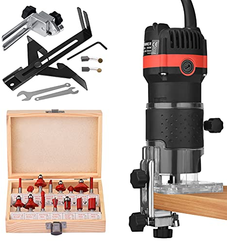 KKTECT Fresadora de Madera Compacta de 800W 6.35mm 30000r/min Fresadora de Mano Portátil para Trabajar la Madera Fresadora Eléctrica para Madera con 15pcs Router bits DIY