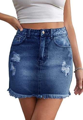 JayscreateEU Damen Sommerrock Jeansrock Enger Minirock Mit Tasche Hüftrock A-Linie Mit Taschensaum Und Fransen, Blau, S