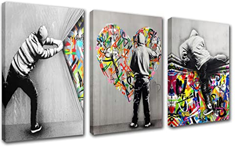 Graffiti-Streßen-Wandkunst, Banksy-Kunst, Gemälde in Herzform, Bilder hinter dem Vorhang, Kunstwerk, für Wohnzimmer, 3 Paneele, Druck auf Leinwand, Hausdekoration, gerahmt, fertig zum Aufhängen