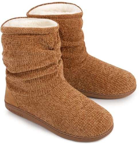LongBay Women's Cozy Winter Slipper Boots Warm Chenille Knit Bootie Memory Foam Non-Slip Indoor Outdoor House Shoes (Medium / 7-8 B(M), Camel)